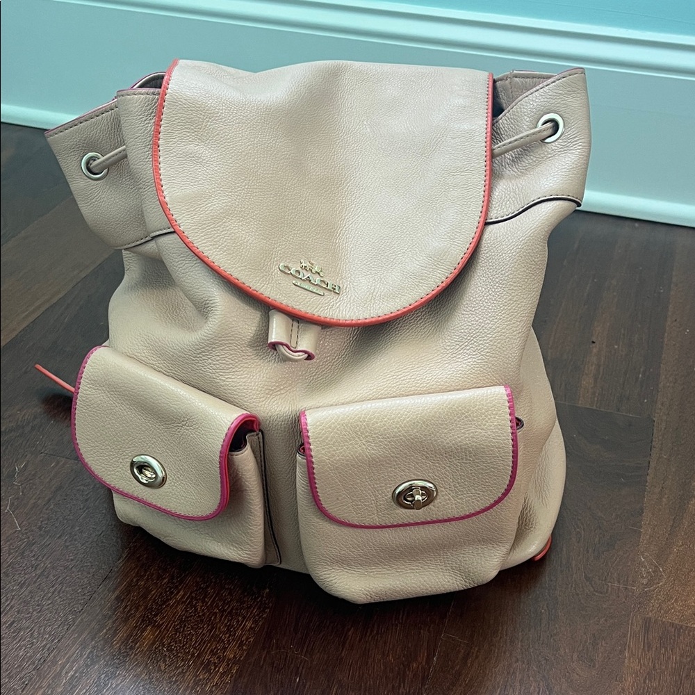 Coach Cream Leather Drawstring Backpack with Pink Trim